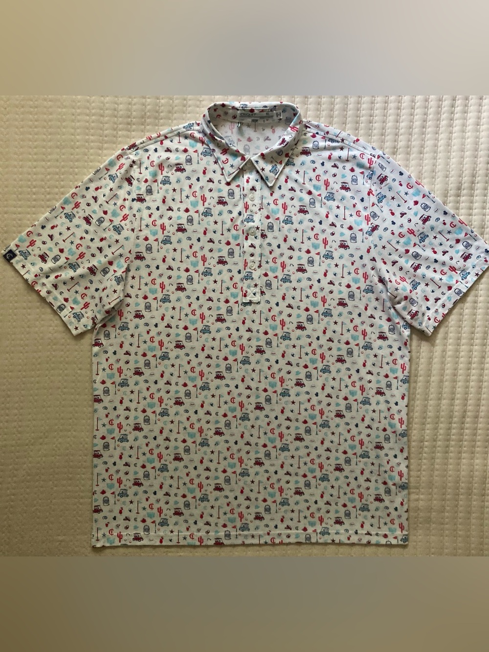 Criquet Golf Beer Themed AOP Polo Shirt Men’s XL White Red Blue Poly Pima Cotton - Picture 2 of 10